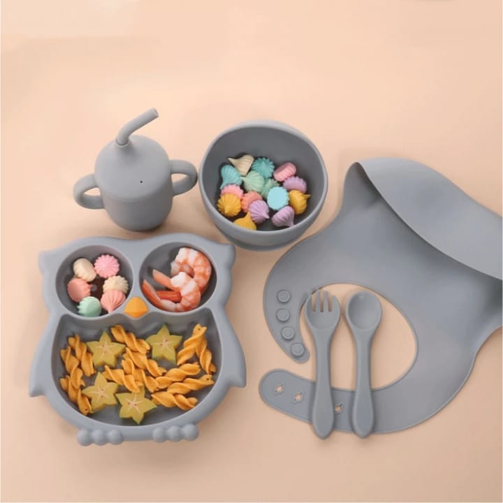 Set Vajilla Para Bebé Buho En Caja, Silicona Libre Bpa