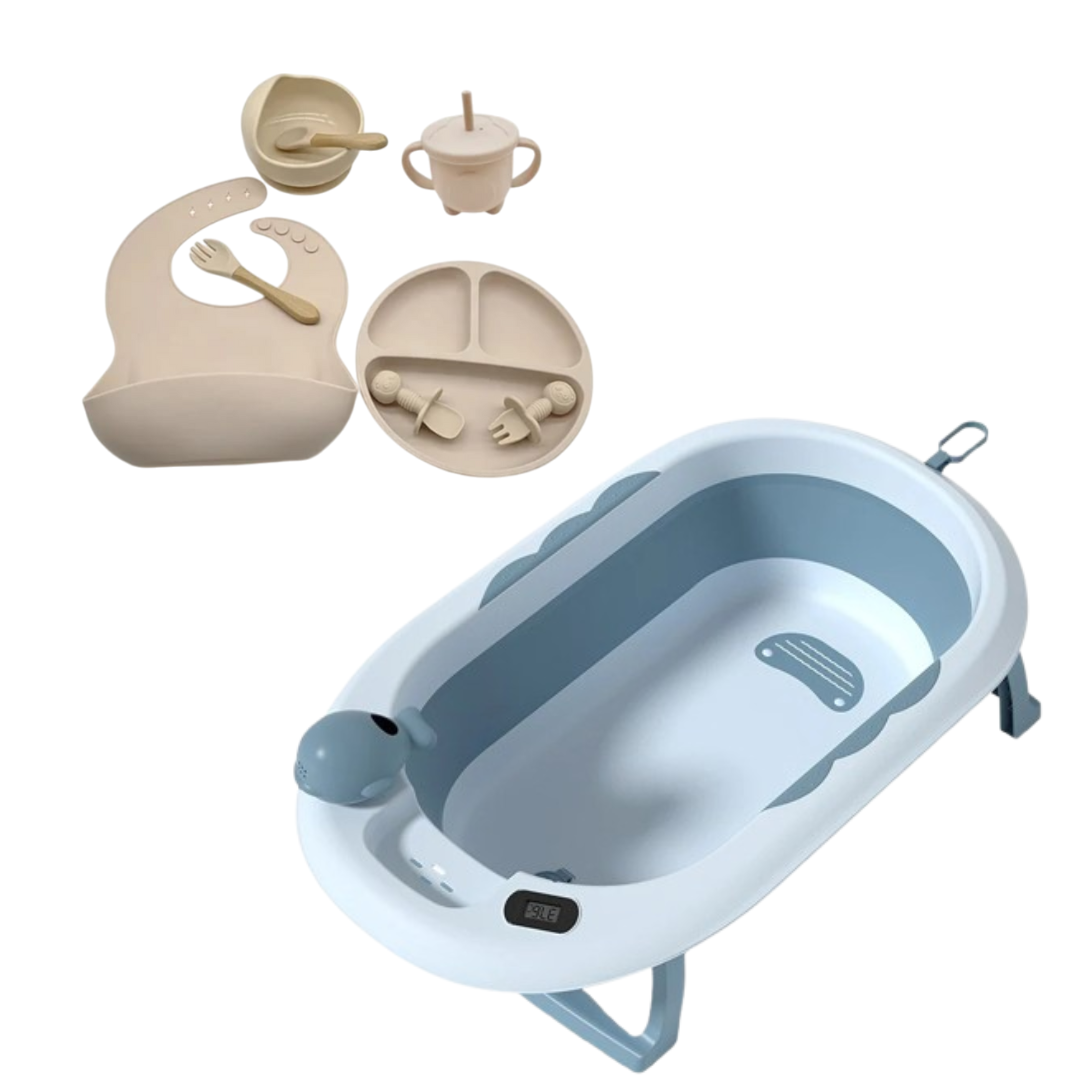 Bañera para Bebé Con Cojín, Termómetro y Set Vajilla