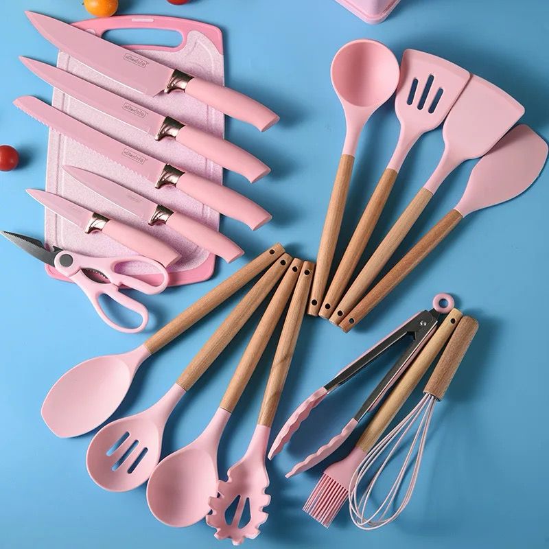 Set de 19 utensilios de cocina con Base, resistentes al calor, cuchillos