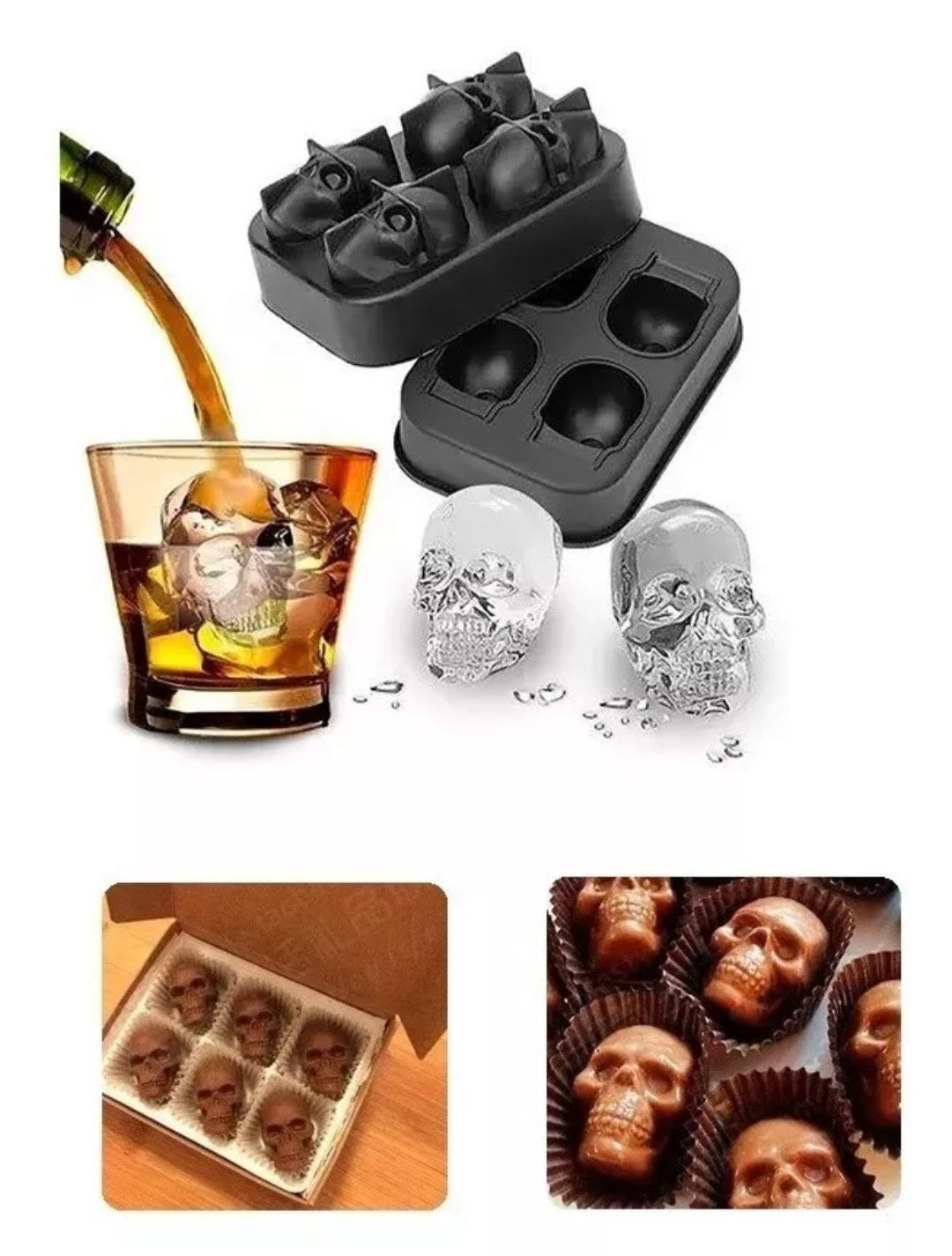 Molde Silicona 3d: 4 Calaveras Hielo, Chocolates, Whisky Fa